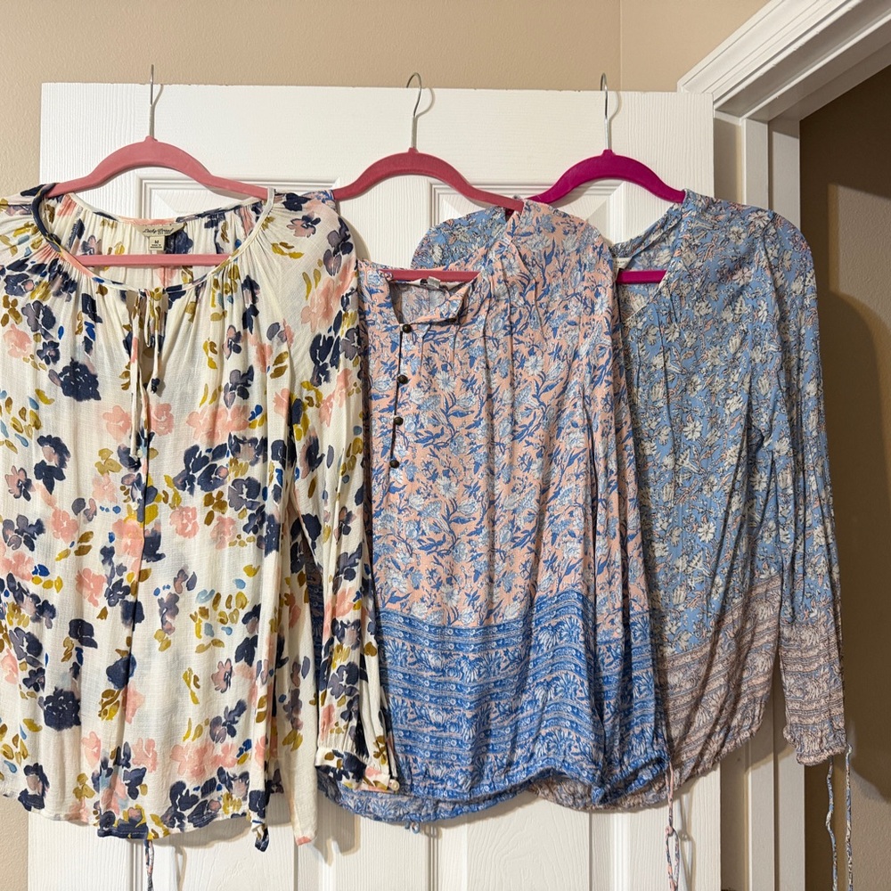 Set of 3 Lucky Brand Floral Blouses - Cream, Blue, Pink
